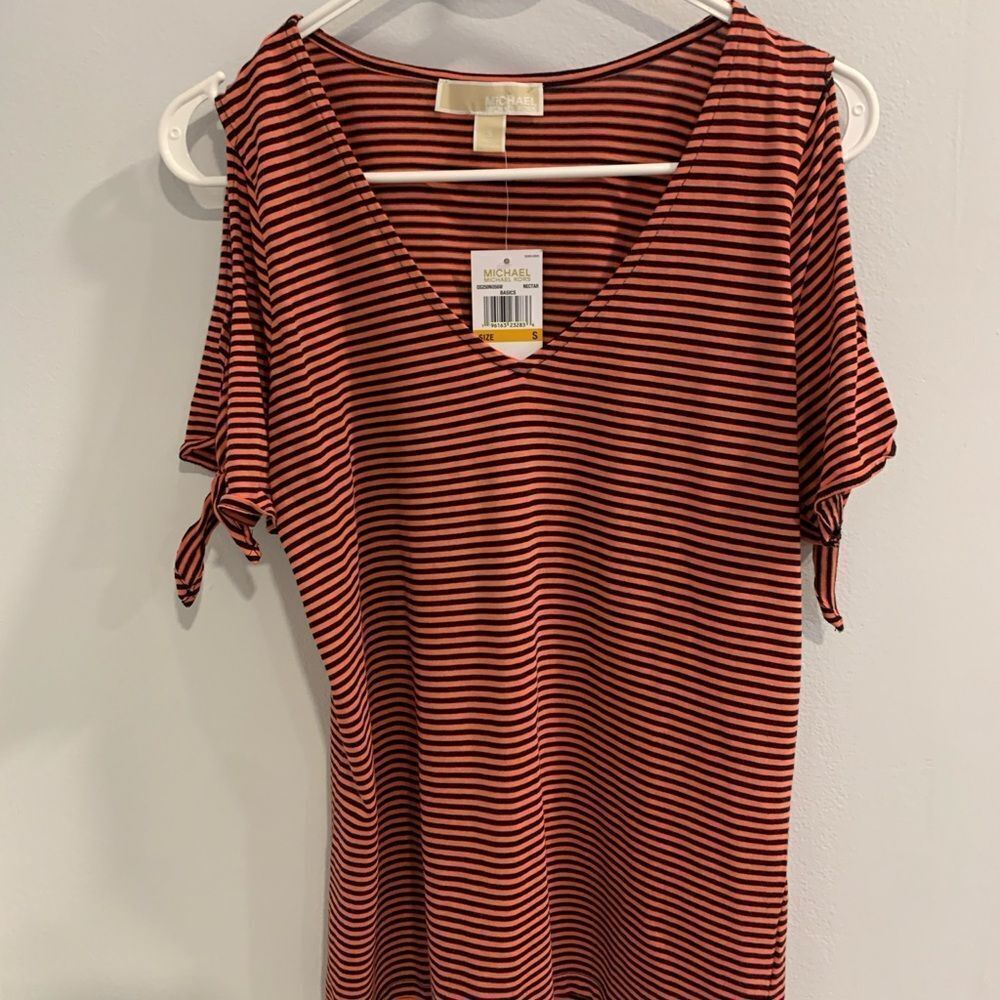 Michael Kors Salmon and Black Striped V-Neck Tee